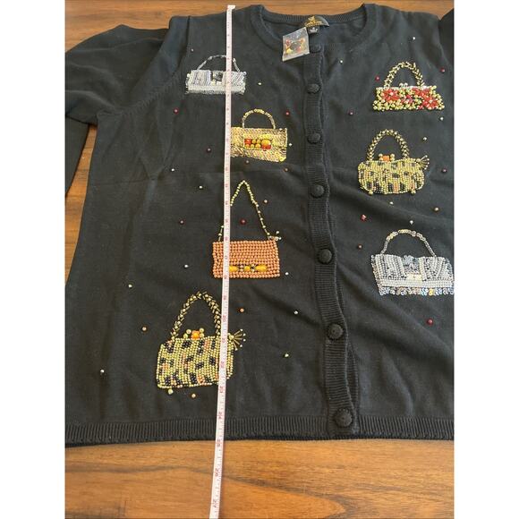 Quacker Factory Cardigan Sweater Wmns Sz 1X Black Bead Sequin Purses Grandmacore - Picture 7 of 9